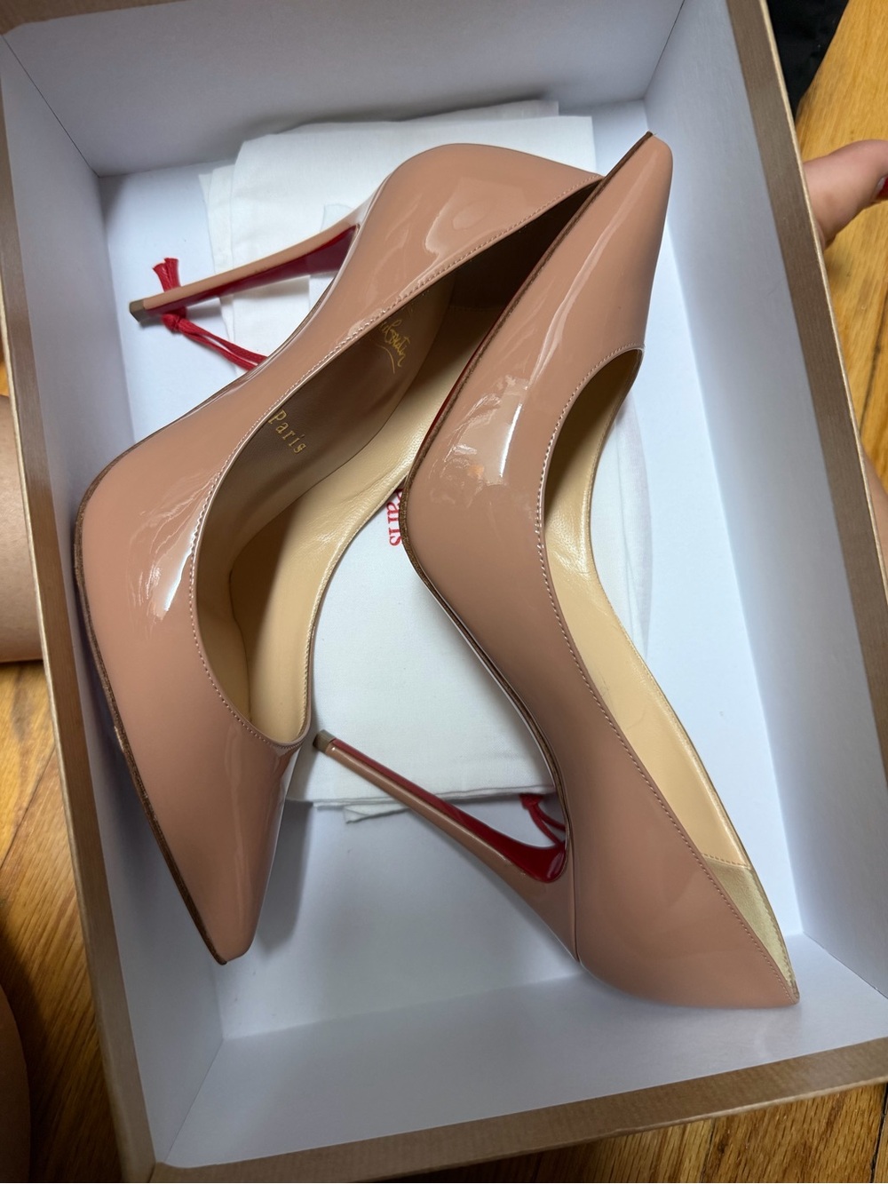 Christian Louboutin Nude Patent Pointed Toe Stiletto Pumps